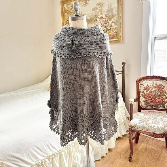 soft gray chunky knit poncho - Picture 2 of 3